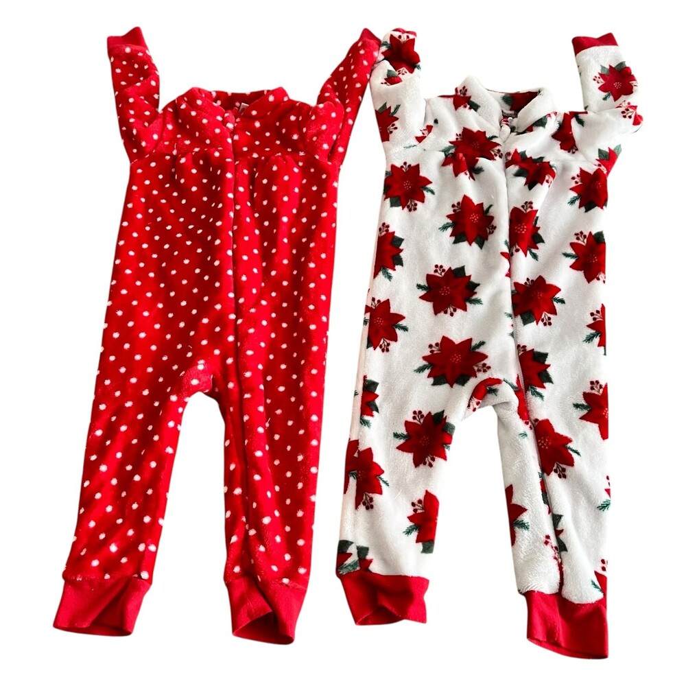 Hudson Baby Plush Jumpsuits Red Polka Dot Poinsettia Girl Bundle Lot Xmas 24mo